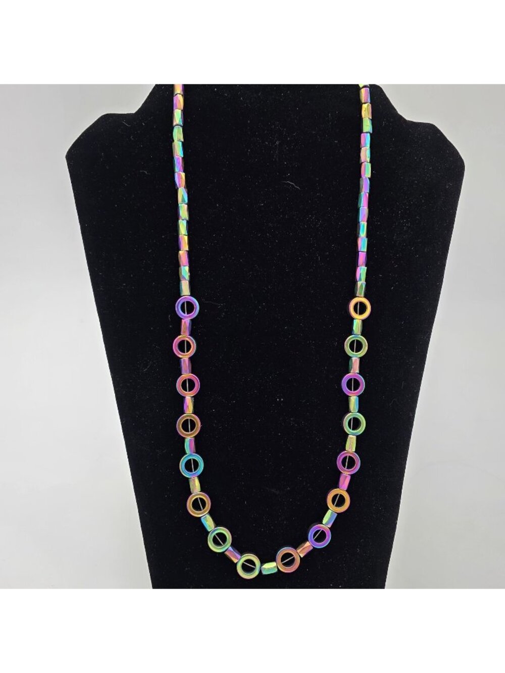Rainbow Hematite Beaded Necklace Circle Accents Lobster Clasp 25"